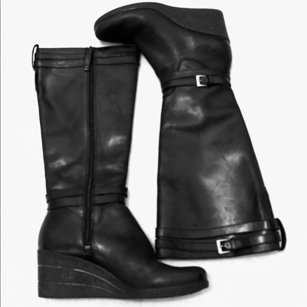 UGG Black Leather Wedge Riding Boots